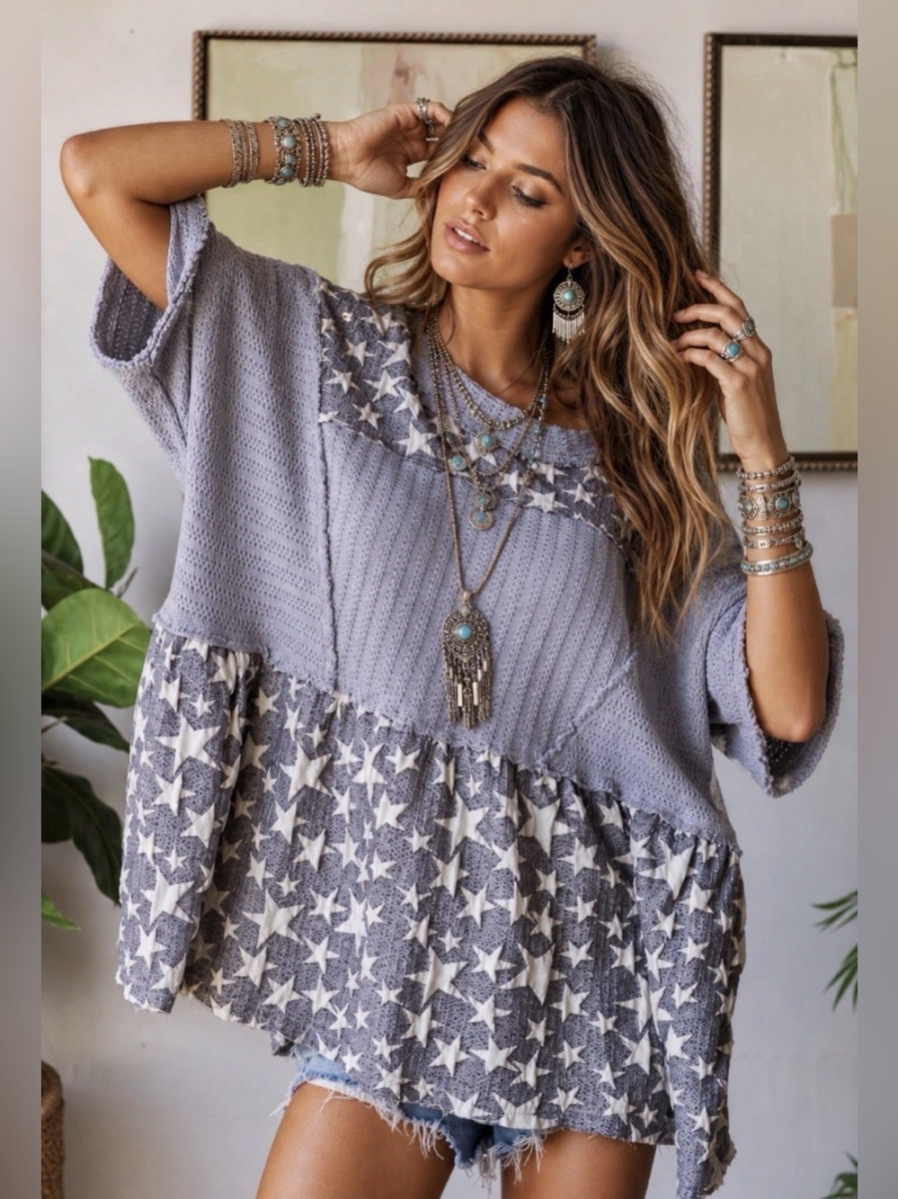 🇺🇸H191 Oli & Hali L pp27 Boho Star Patchwork Tunic Top